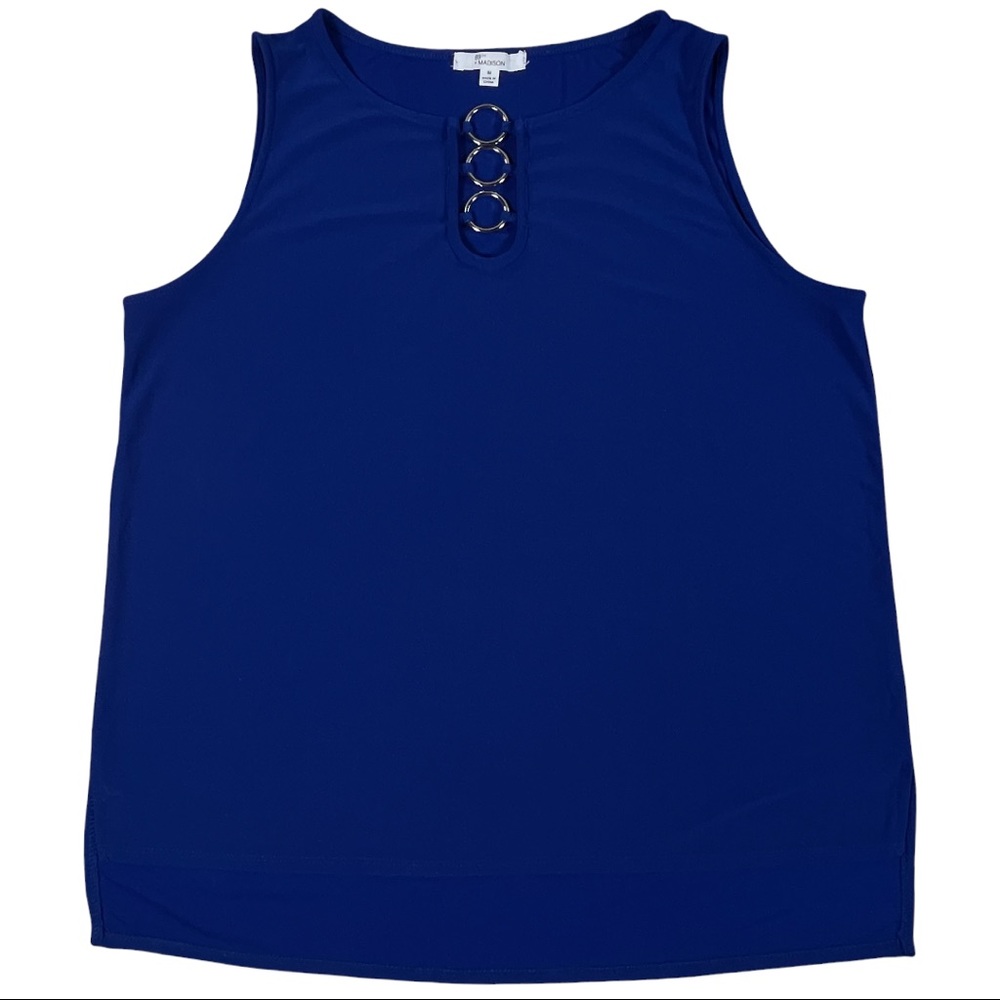 89th + Madison size medium silky blue sleeveless top with metal ring accents